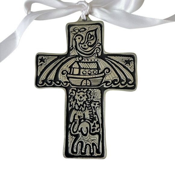 Vtg Handmade Metal Cross Child Baby Noahs Ark Bird‎ Lion Artisan Gift 5" Wall - Picture 1 of 6